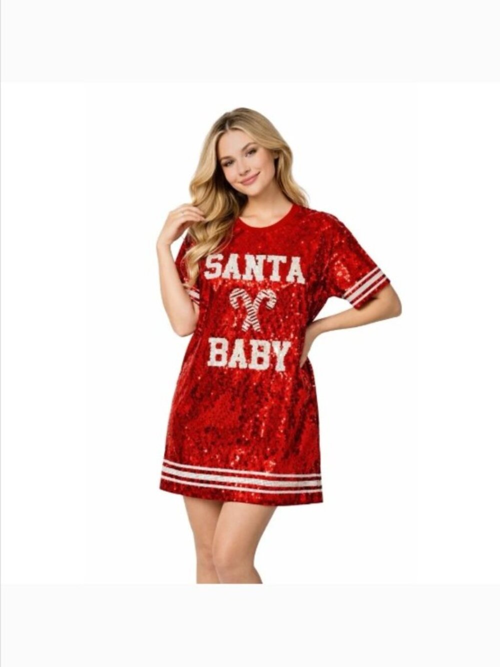 New Simply Southern Santa Baby Sequin Dress Red White Candy Cane S/M NWT